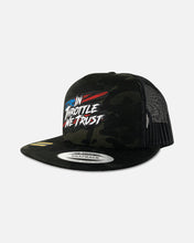 Load image into Gallery viewer, Chaos Flat Brim Trucker Hat - Black Camo