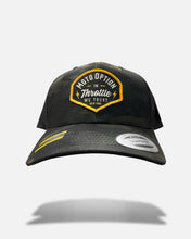 Load image into Gallery viewer, stunner black camo motooption trucker snapback hat front
