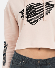 Load image into Gallery viewer, women's pink cropped hoodie with flag on front