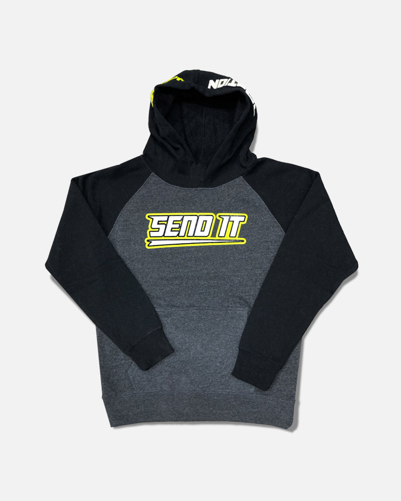 YOUTH SEND IT RAGLAN HOODIE BLACK GRAY MotoOption