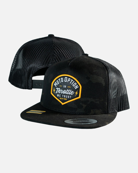 Stunner Flat Brim Trucker Hat - Black Camo