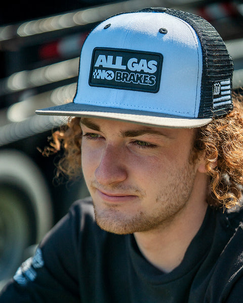 All Gas No Brakes Premium Flat Brim Trucker Hat - Grey and Black