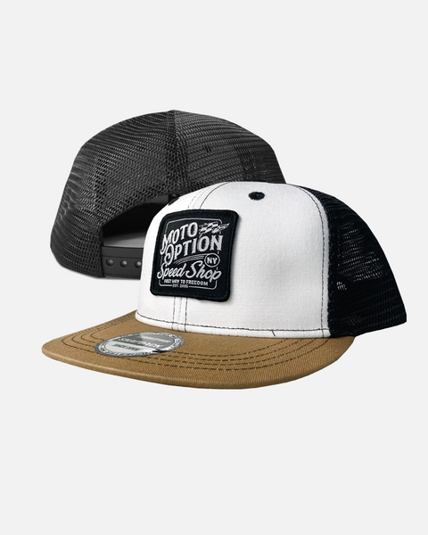 Fast Way to Freedom Premium Flat Brim Trucker Hat - Tan and Black