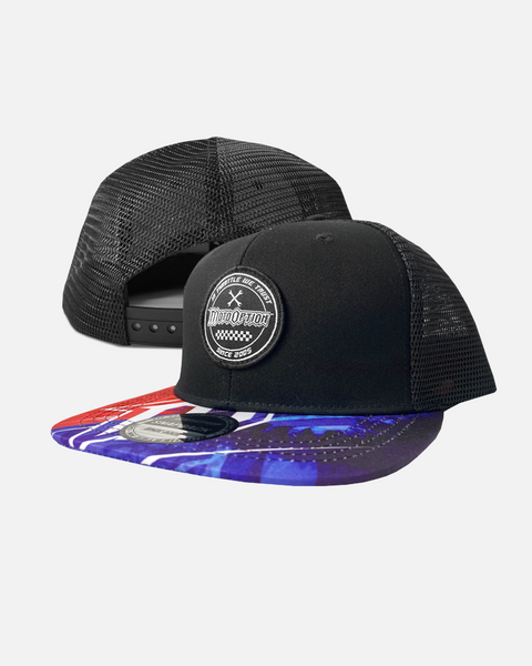 Mechanic Fireworks Premium Flat Brim Trucker Hat - Red, Blue and Black
