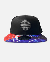 Load image into Gallery viewer, Mechanic Fireworks Premium Flat Brim Trucker Hat - Red, Blue and Black
