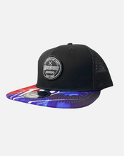 Load image into Gallery viewer, Mechanic Fireworks Premium Flat Brim Trucker Hat - Red, Blue and Black
