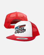 Load image into Gallery viewer, Chaos Flat Brim Trucker Hat - Red and White
