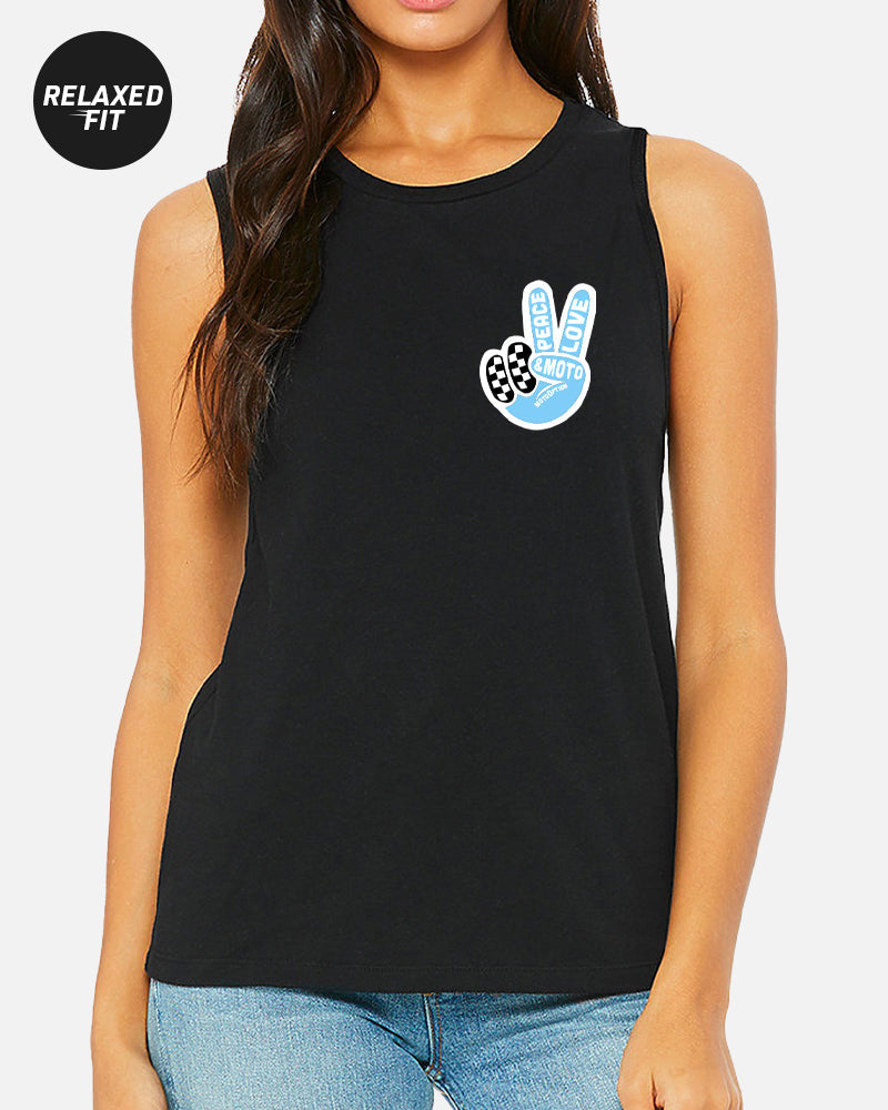 WOMENS PEACE LOVE MOTO MUSCLE TANK - BLACK