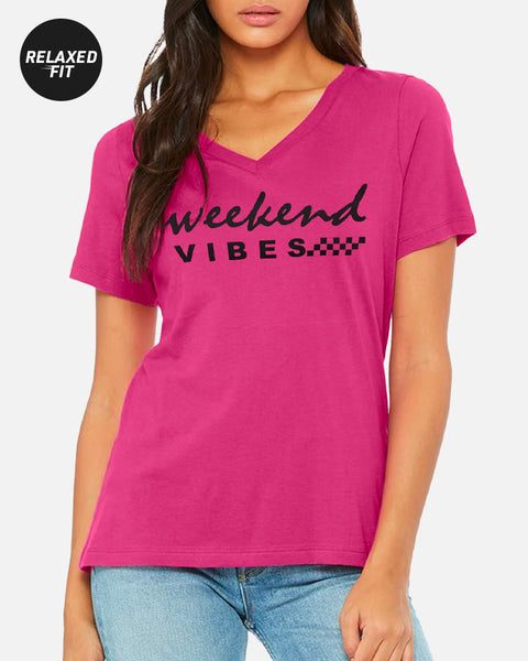 Womens Weekend Vibes V-Neck Tank - Pink