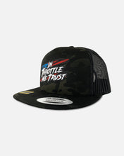 Load image into Gallery viewer, CHAOS FLAT BRIM TRUCKER HAT - BLACK CAMO
