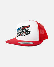 Load image into Gallery viewer, Chaos Flat Brim Trucker Hat - Red and White
