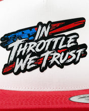 Load image into Gallery viewer, Chaos Flat Brim Trucker Hat - Red and White
