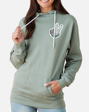 Load image into Gallery viewer, MotoOPtion Women&#39;s sage green peace love moto sweatshirt pullover hoodie. 
