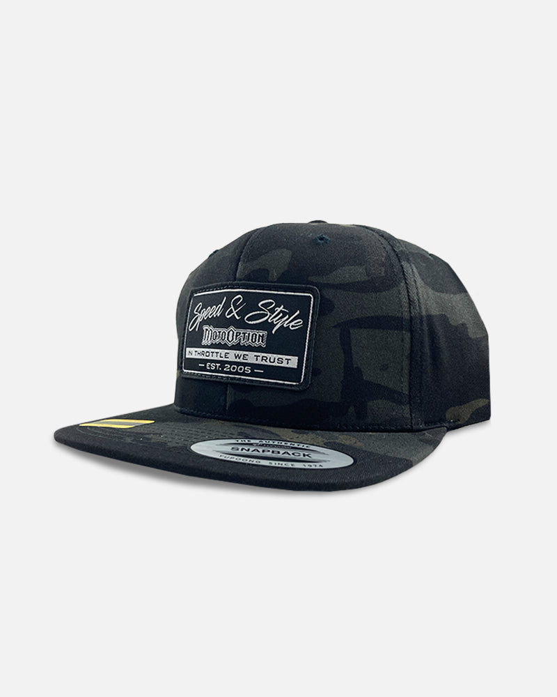 SPEED AND STYLE BLACK CAMO SNAPBACK HAT