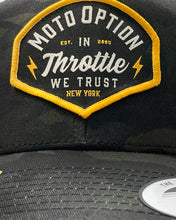 Load image into Gallery viewer, stunner black camo motooption trucker snapback hat 
