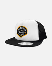 Load image into Gallery viewer, Stunner Flat Brim Trucker Hat - White and Black
