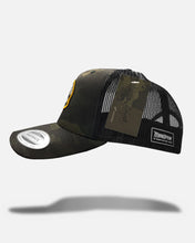 Load image into Gallery viewer, stunner black camo motooption trucker snapback hat 
