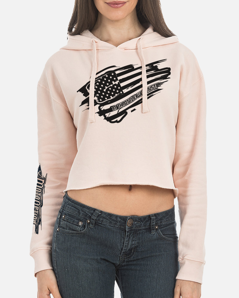 women's pink cropped hoodie with flag on front