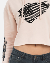 Load image into Gallery viewer, women&#39;s pink cropped hoodie with flag on front
