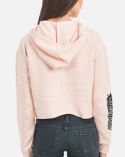 Load image into Gallery viewer, women&#39;s pink cropped hoodie with flag on front
